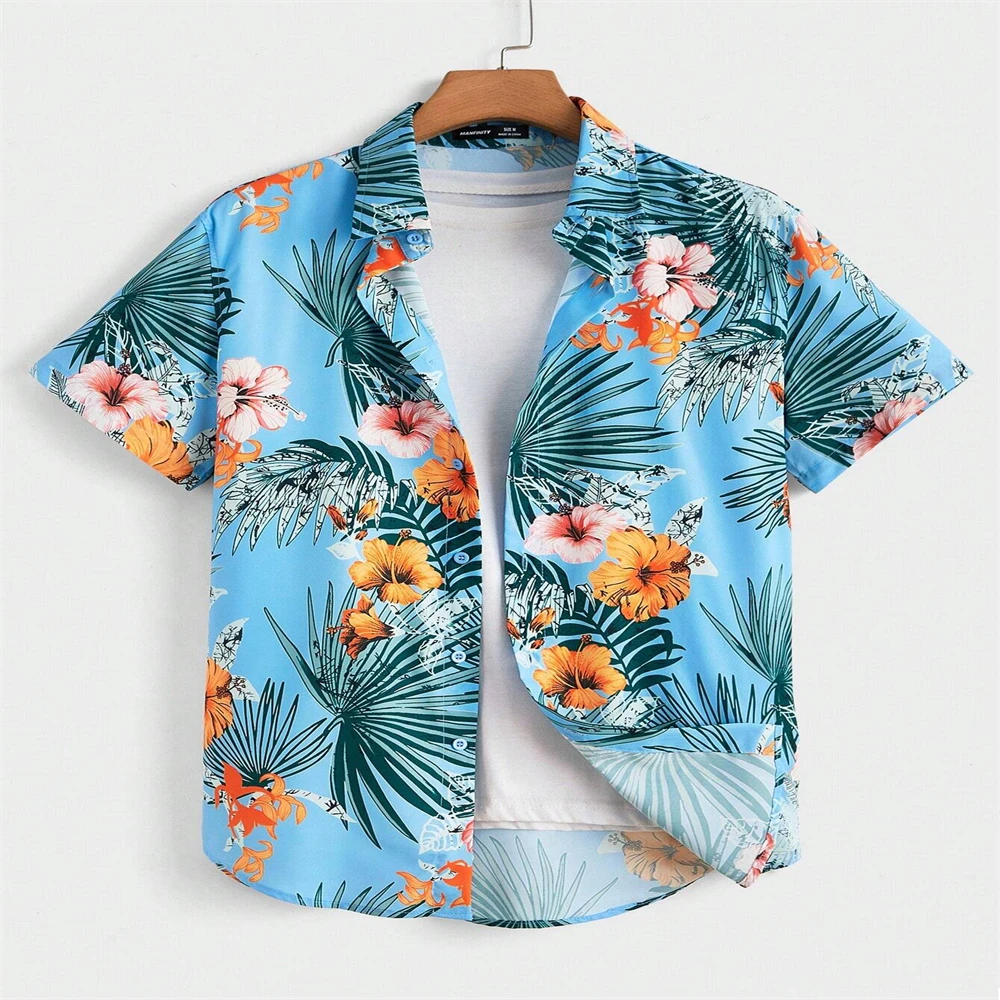 

2024 Colorful Flower and Coconut Tree Print Mens Stylish Casual Short Sleevemen's Seaside Resort Style Men's Short-Sleeved Shirt