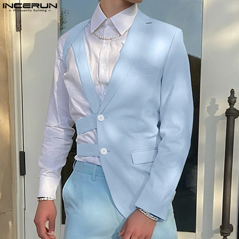 INCERUN Men Irregular Blazer Lapel One-shoulder Long Sleeve Button Hollow Out Casual Suit Men Streetwear 2025 Fashion Thin Coats