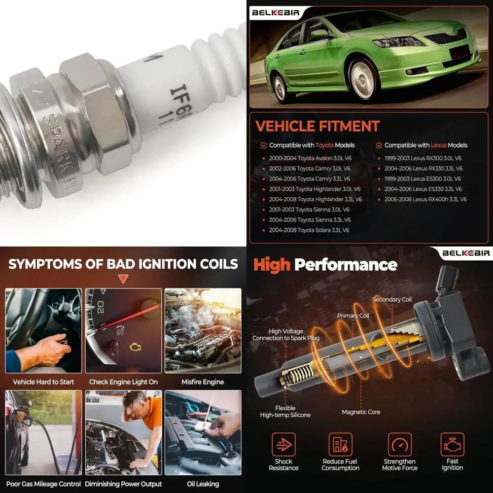 

Set of 6 Ignition Coil Pack & Iridium Spark Plugs Compatible with V6 3.0L 3.3L 2000-2008 Toyota Avalon Camry Highlander Sienna S