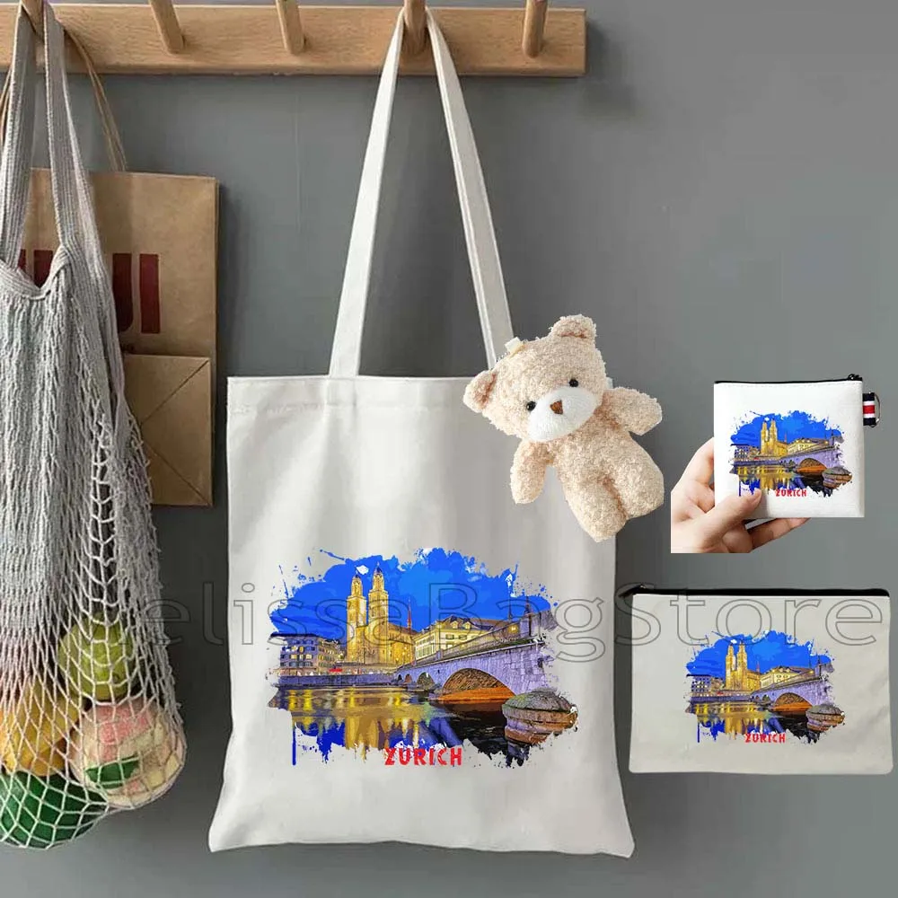 4PCS Gifts Set Zurich Switzerland White Canvas Tote Bag Handbag with Doll Key Coin Purse Cosmetic Makeup Toilet Bag Case Pouch