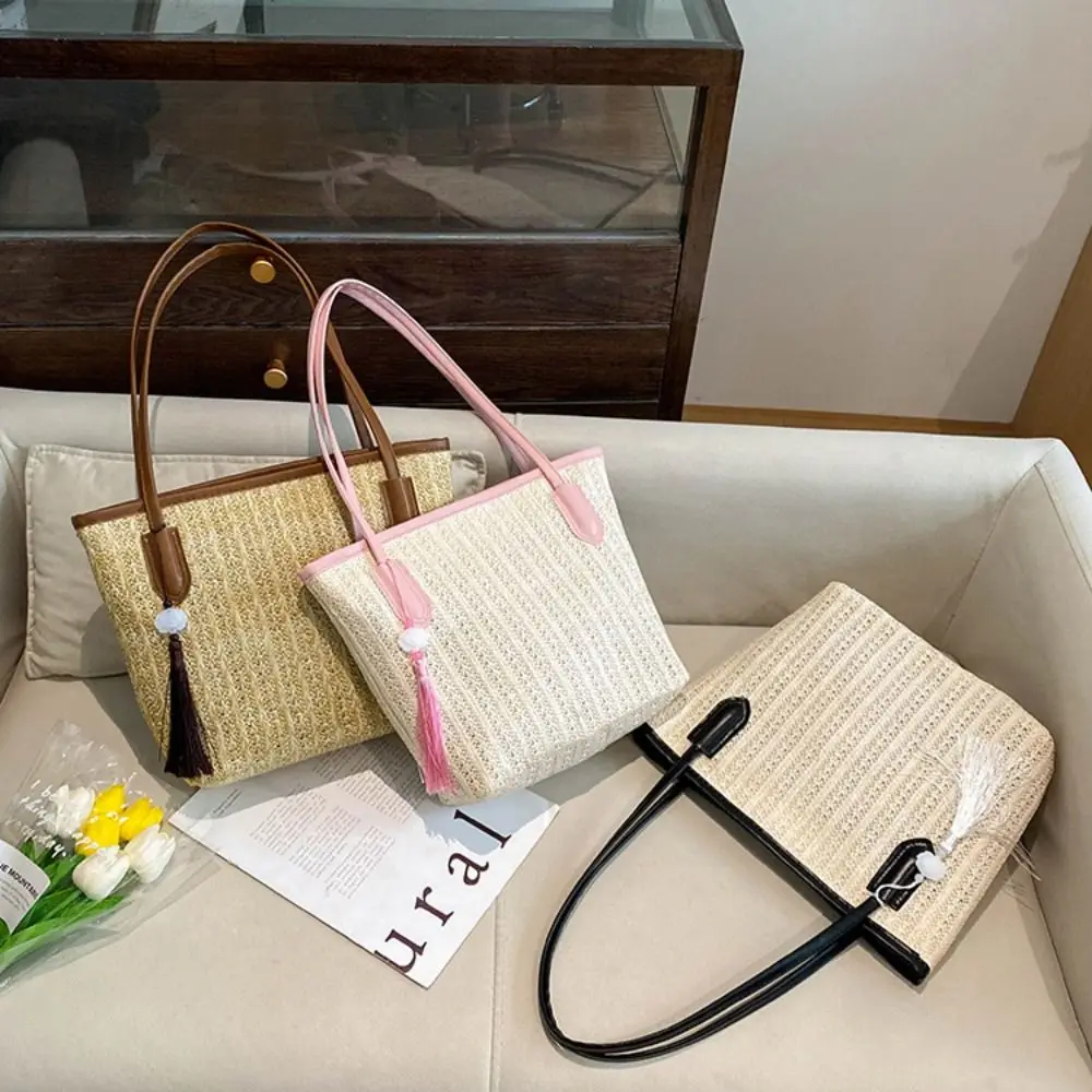 

Casual Large Capacity Weave Tote Bag Fashion Shopping Bag Bohemian Shoulder Bag Handbag Simple Summer Beach Straw Handbag Summer