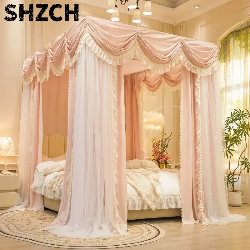 French Court Style Bed Curtain Mosquito Net Pink Lace Three Door Design Transform Bedroom into a Fairy Tale Castle Instantly