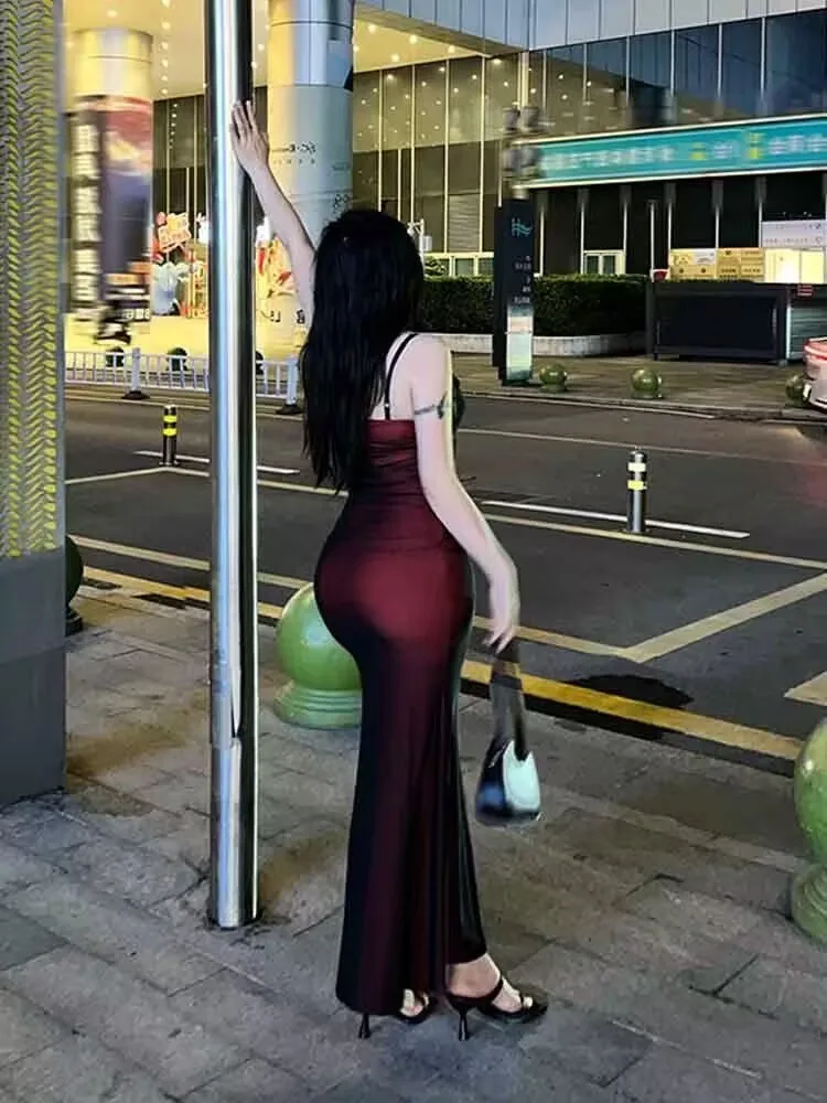 Sexy Luxury Woman Evening Dress Red Mesh Gothic Elegant Party Bodycon Dresses Maxi Dress Chic Female Night Club Outfits