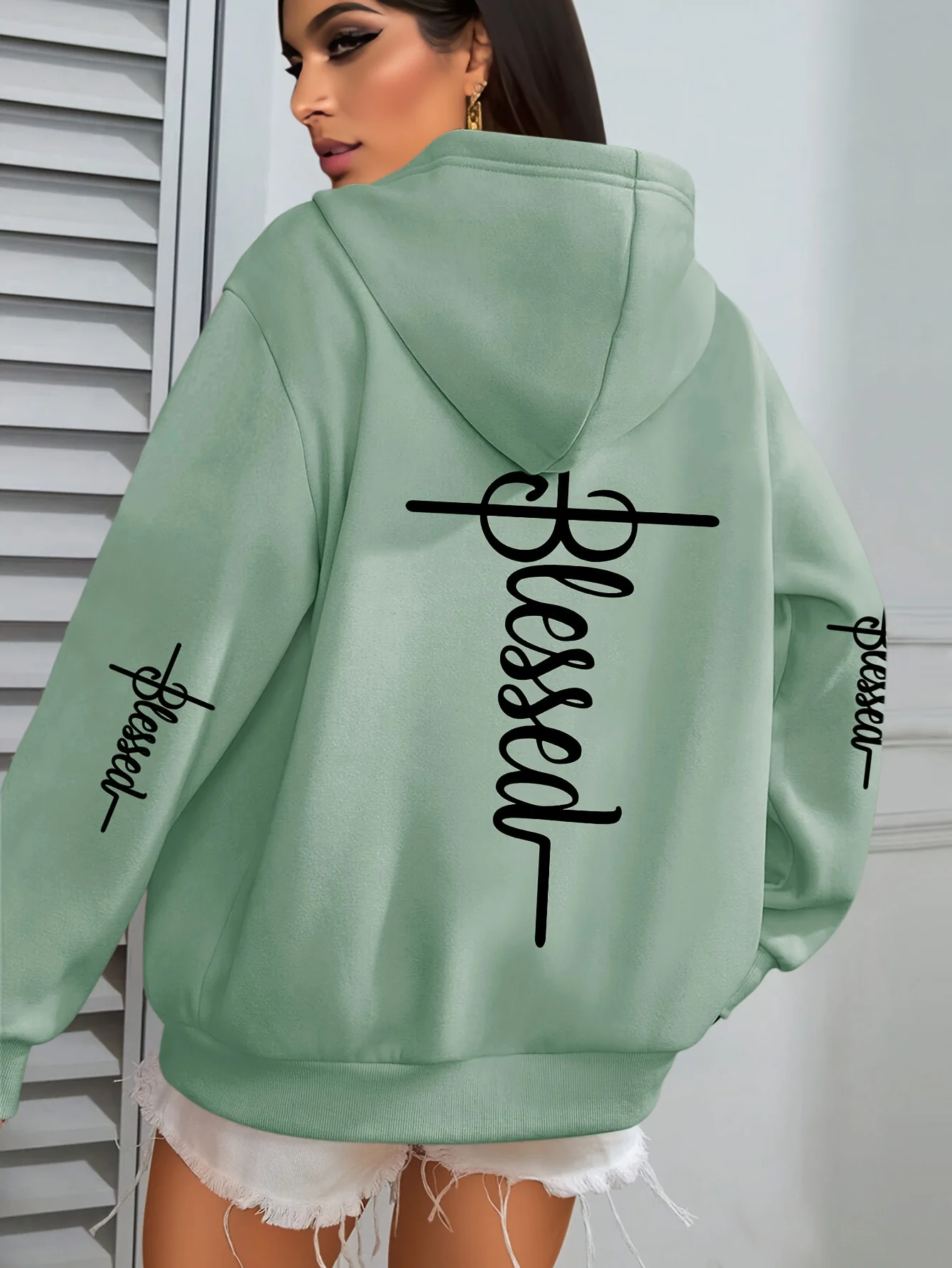 "BLESSED" Faith Print Hoodie Long Sleeve Pullover with Pocket Slight Stretch Fall/Winter Casual Hooded Sweatshirt