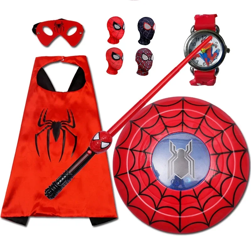 Halloween Children's Cloak Spider Cosplay Man Shield Sword Launcher Mask Cartoon Toy Anime Watch Set*.1
