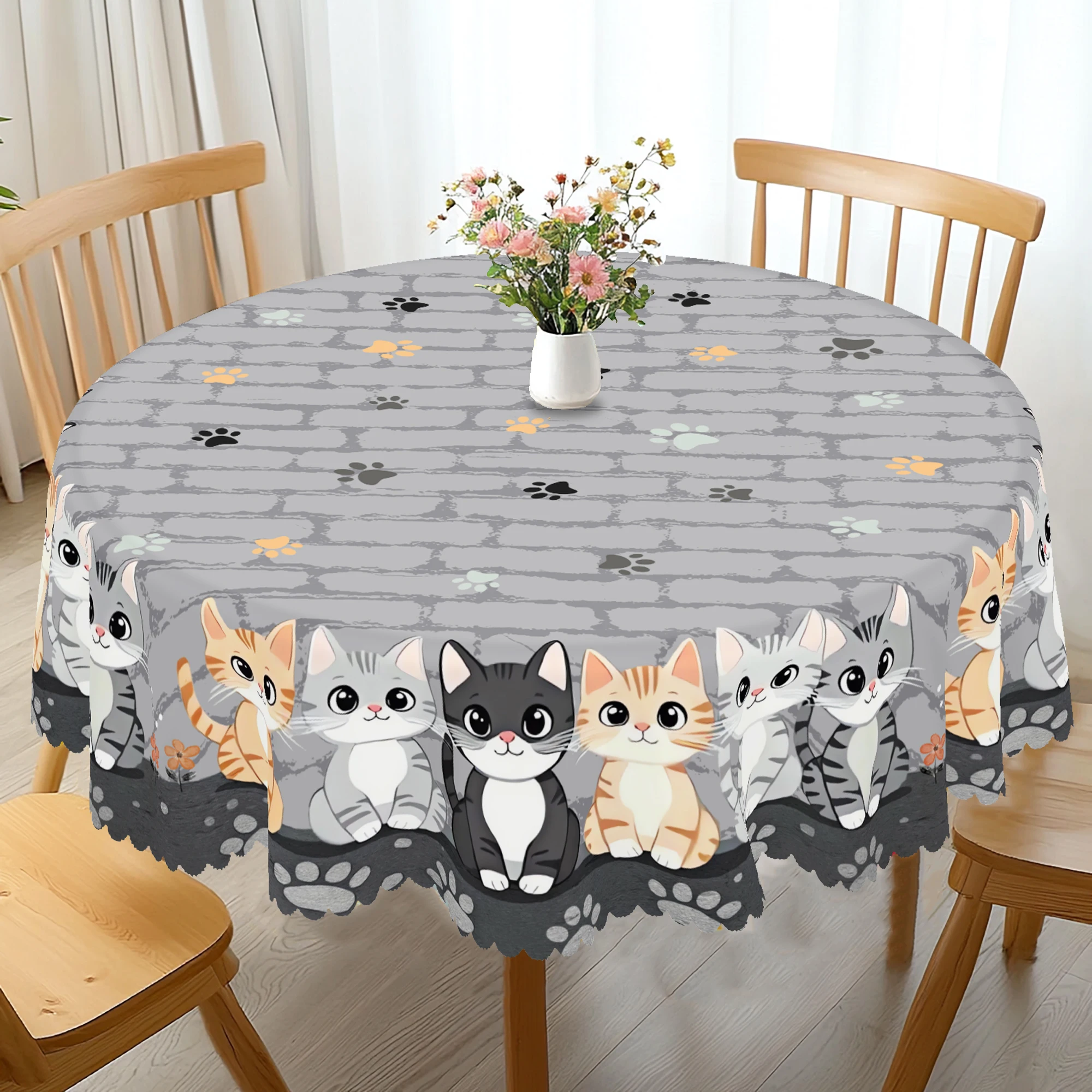1 Piece of Gray Retro Cute Cat Print Rectangular Tablecloth, Spring Cat, Cat Paw, Stone Pattern Round Tablecloth, Party Decoration, Home Kitchen Table Cover, Indoor and Outdoor Use, Family Decoration, Gift for Family and Friends