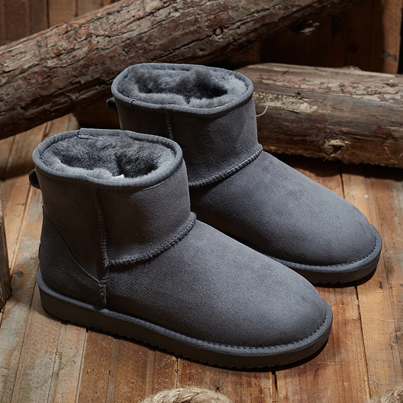 KZZO Size 37-48 Australia Classic Real Sheepskin Suede Leather Men Sheep Wool Fur Lined Winter Short Ankle Snow Boots Grey Shoes