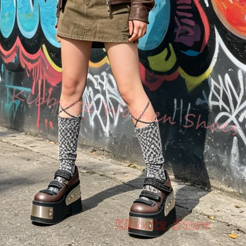 Platform Shoes Women Metal Buckle Straps Rivet Decor Punk Style Round Toe Casual Concise Chunky Sneaker Goth Slip-On Leather New