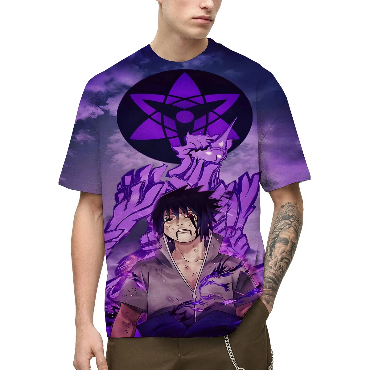 Camiseta con estampado 3D de Naruto Anime para hombre, camiseta gráfica de personaje Sasuke Uchiha, diseño de elemento Susanoo & Mangekyou Sharingan para uso informal