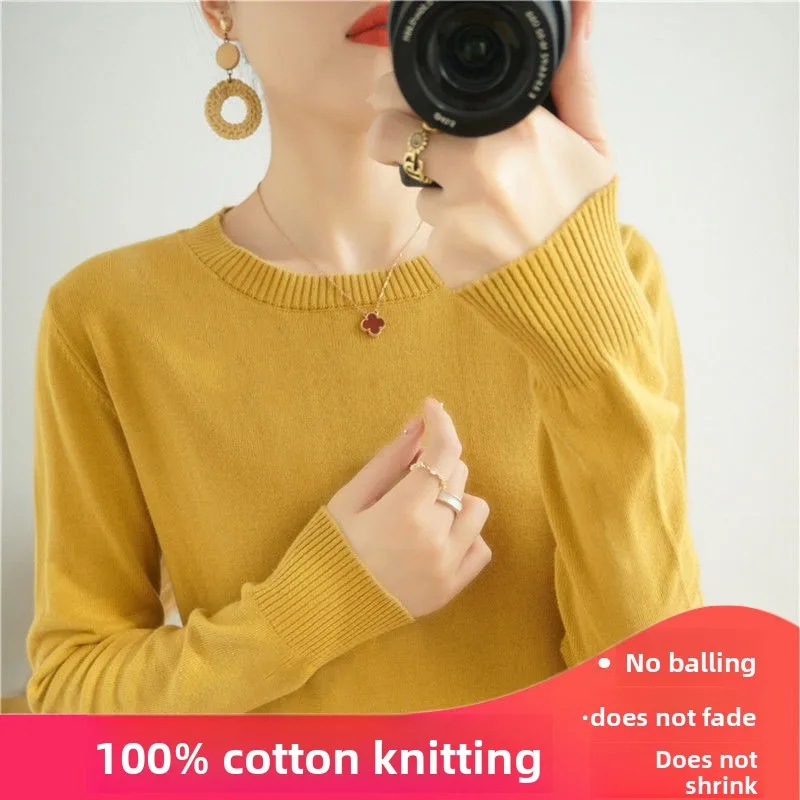 

Pure Cotton Knitted Long Sleeve round Neck Thin Top Women's Loose Fit Pullover Spring Autumn Base Layer Shirt Comfortable Warmth
