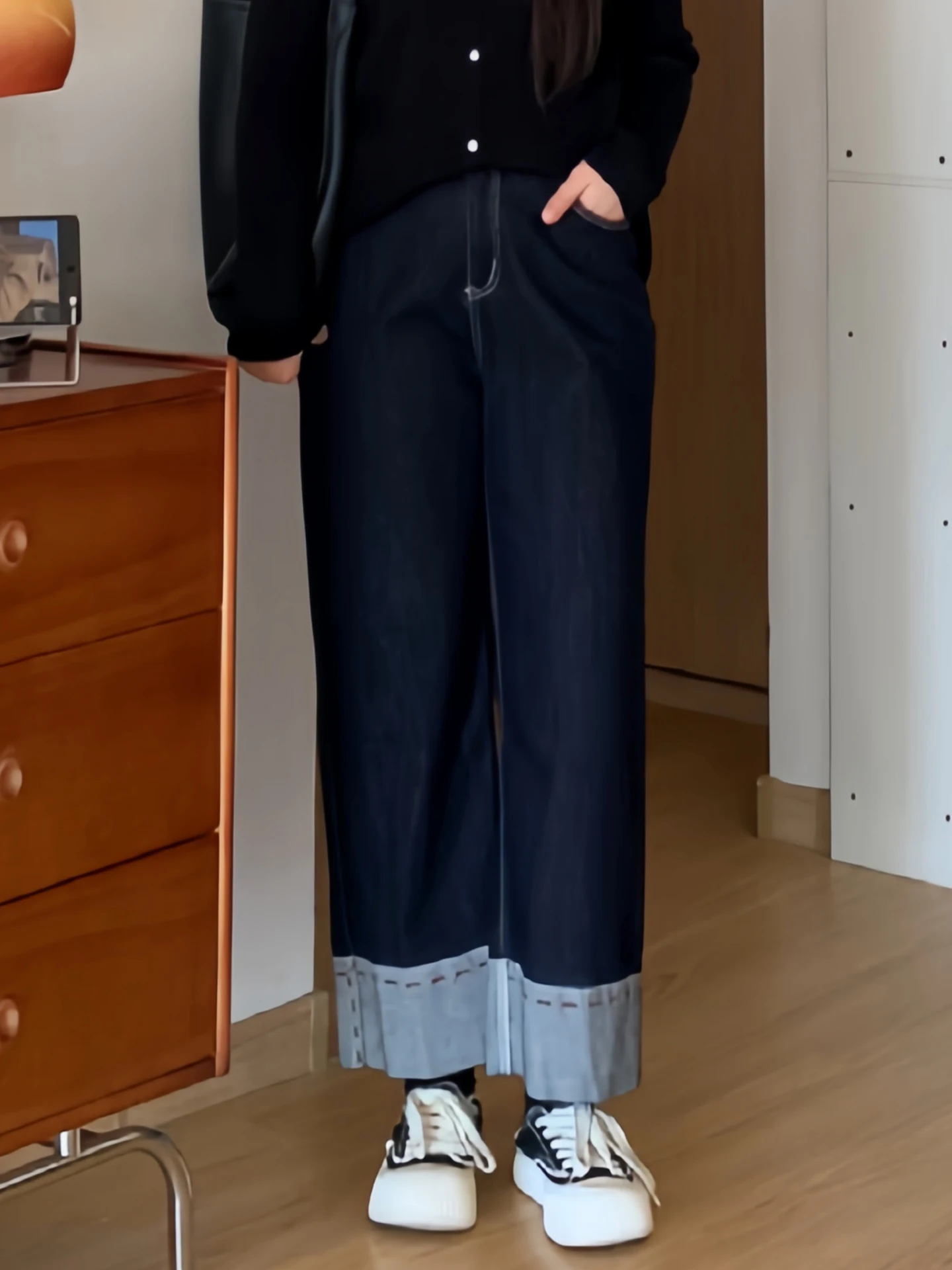 

Расклешенные джинсы с высокой талией, большие размеры, женские джинсовые брюки, корейские удобные свободные брюки, осенний эффект похудения, груша-мавпа