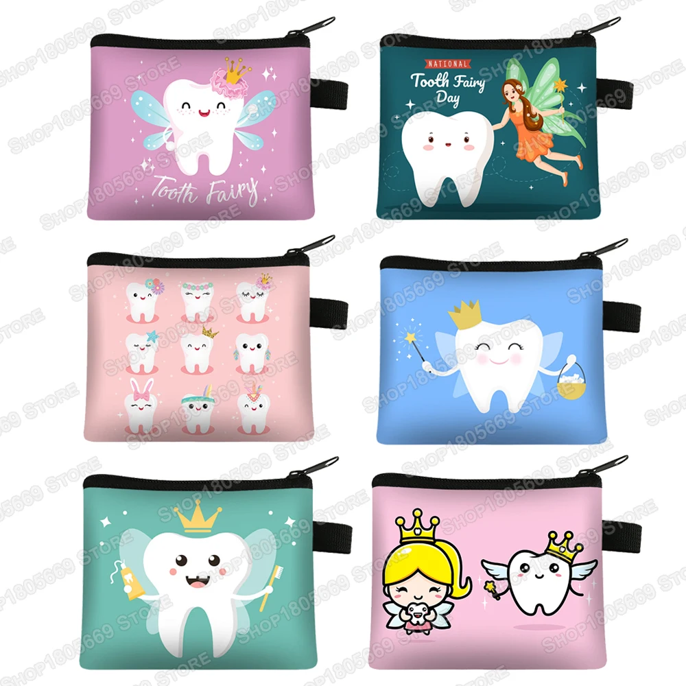 Portefeuille imprimé dents de dessin animé pour femmes, porte-monnaie, fée des dents, petite pochette, bonbons, porte-monnaie, clinique dentaire, Mini porte-monnaie, cadeau