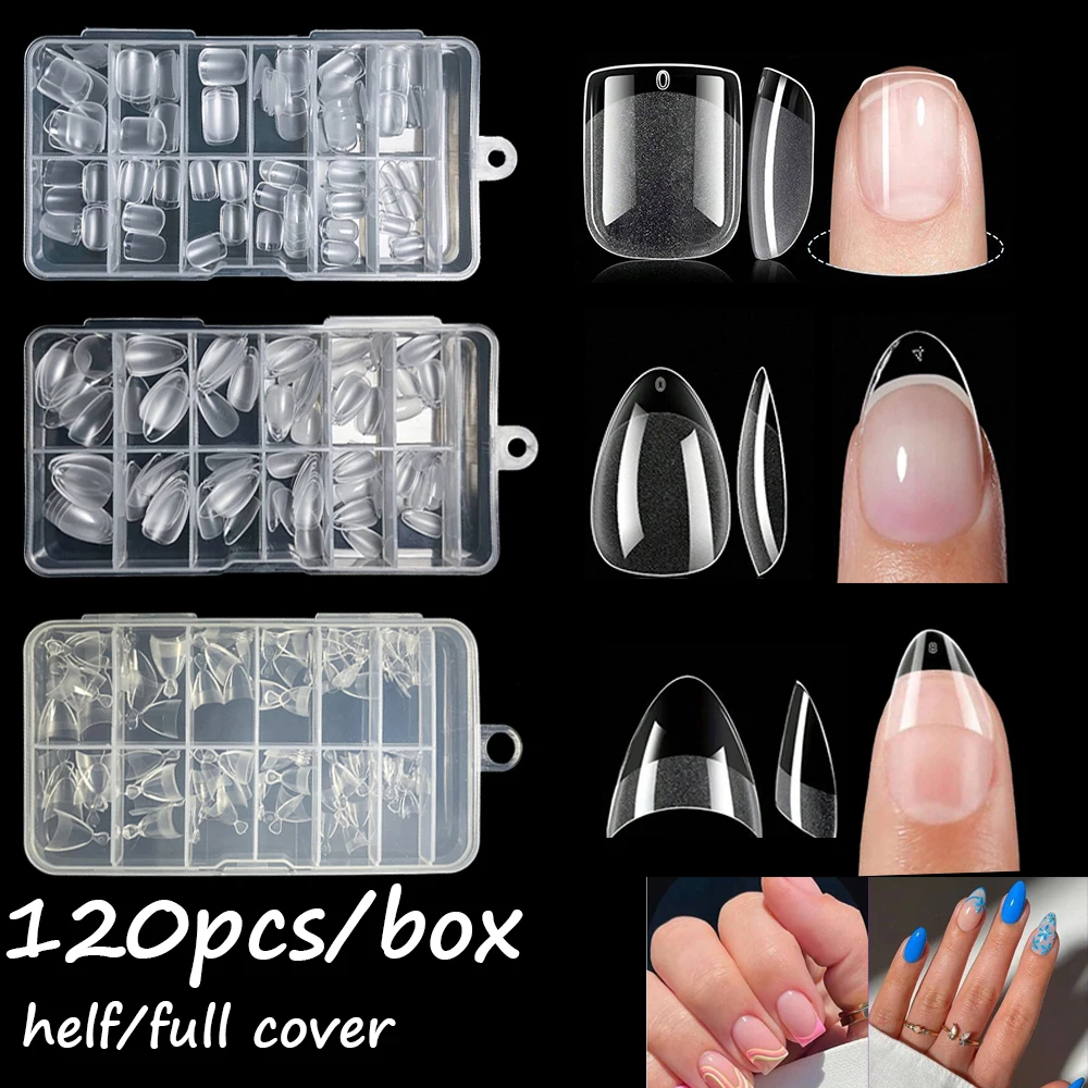 120pc/box Half/Full Cover Transparent False Nails Short Almond/ Square Acrylic Artificial Nail Tips Ultra-thin Wearable Manicure