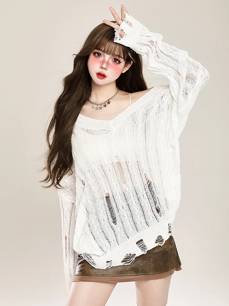Loose Fit Long Sleeve V-Neck Knitted Top Hollow out Design Thin Style Casual Lazy Style Hole Punch Shoulder Bared Sun Protect...