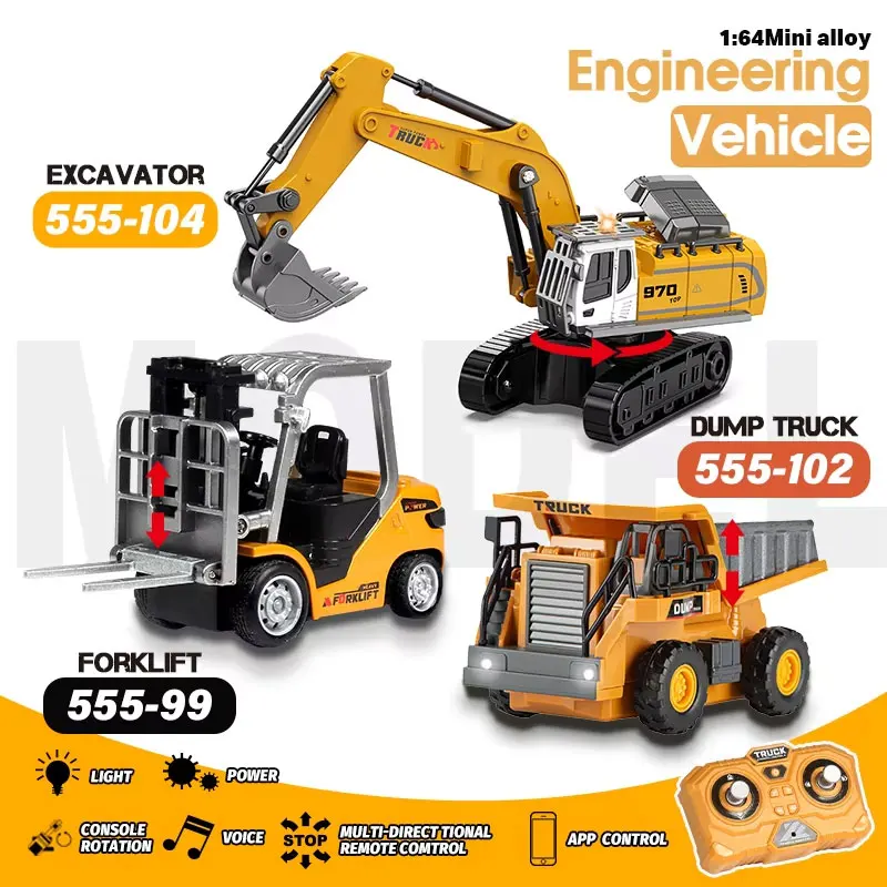 

1/64 RC Model Car Remote Control Excavator Toy - Alloy Plastic Simulation Construction Vehicle for Kids - Dump Truck Forklift