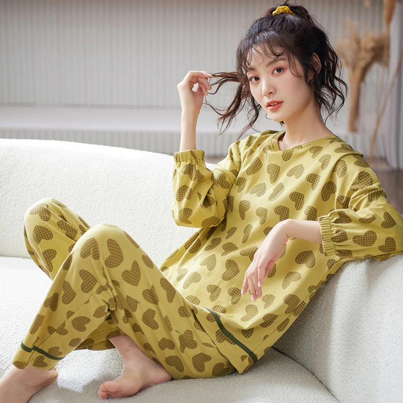 Women Heart Pattern Pajamas Set Big Yards M-3XL Pijamas Mujer Autumn Sweet Cute Long Sleeve O-Neck Nightwear Cotton Homewear