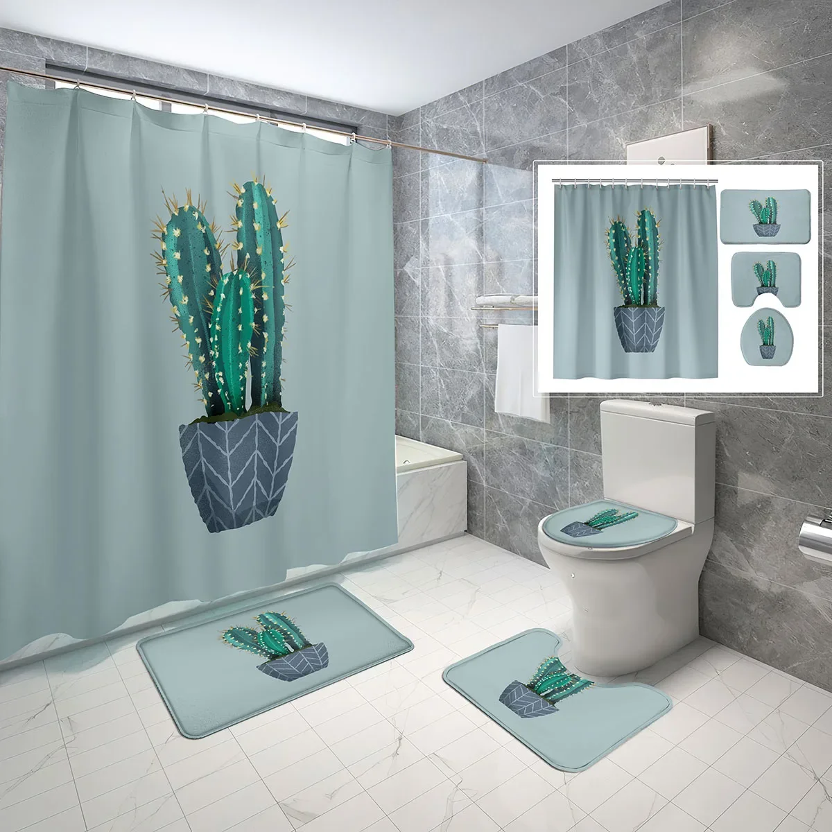 4 Pcs Cactus Shower Curtain Set Summer Cute Cartoon Green Desert with Non-Slip Bath Mat Toilet Lid Cover Bathroom Decor Set