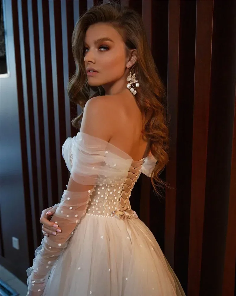 Maßgeschneiderte Champagner Brautkleider Sexy Split Side Dots Tüll Langarm Brautkleid Schulterfreie Brautkleider