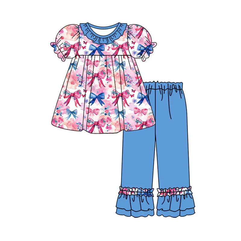 Boutique kids clothing Ruffled neckline puff sleeve dress paired trousers bow print monochrome blue Matching fabric set and dres