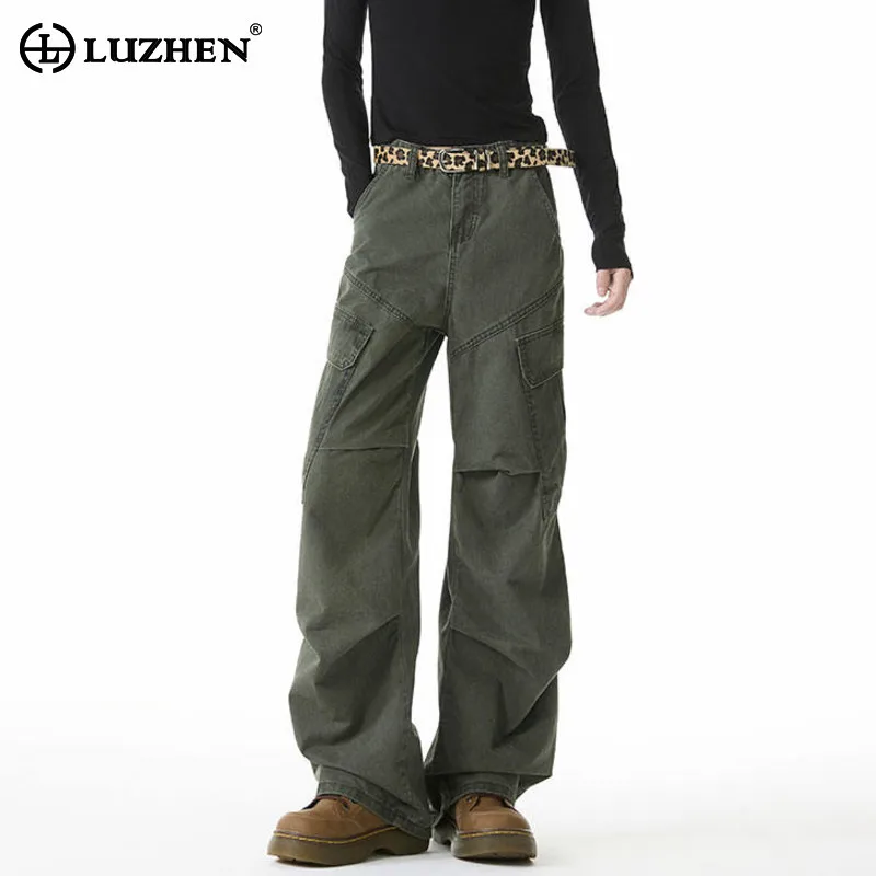 

LUZHEN 2025 New Solid Color Pockets Decorate Straight Cargo Pants Men Fashion Simple High Quality Wide Leg Trousers Loose JY3400