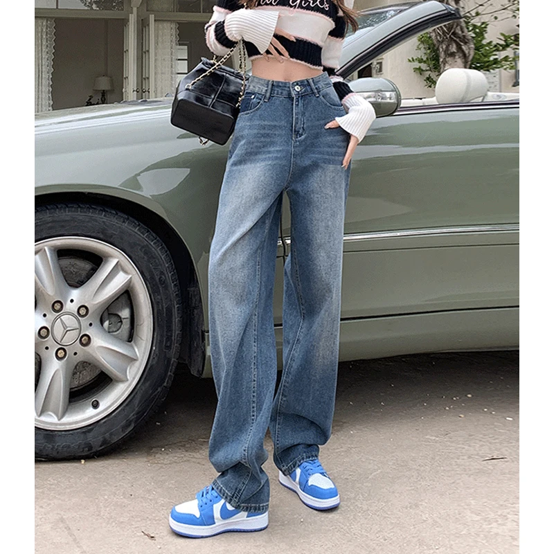 Women Jeans Casual Straight Jeans High Waist Wide Leg Spring and summer Baggy Wide Leg Jeans Straight Leg Dragging Loose Simple