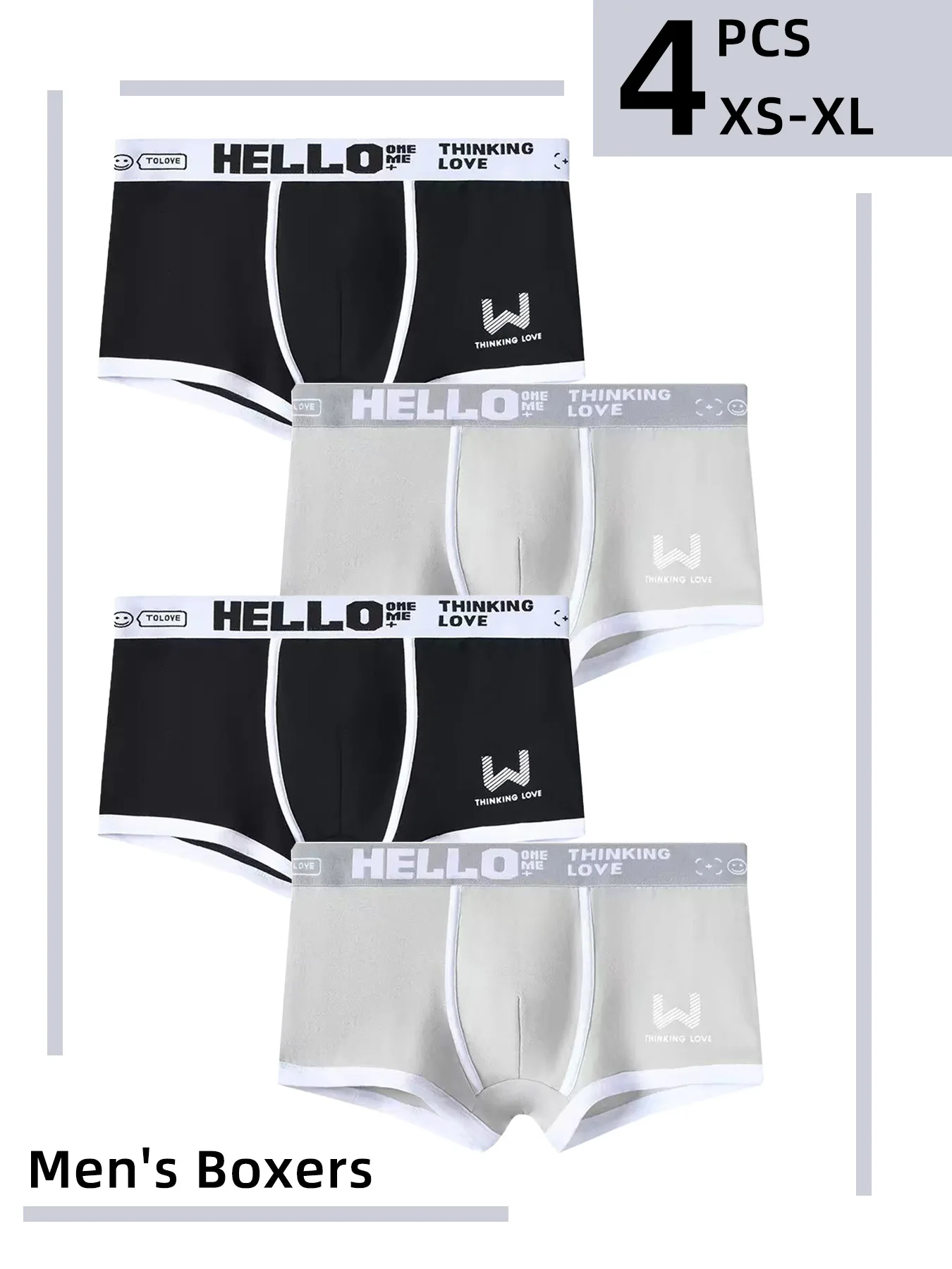 

4Pcs Men's Daily Cotton Boxers HELLO Waistband W Graphic Print Breathable High Stretch Essential Men Underpants XS-XL