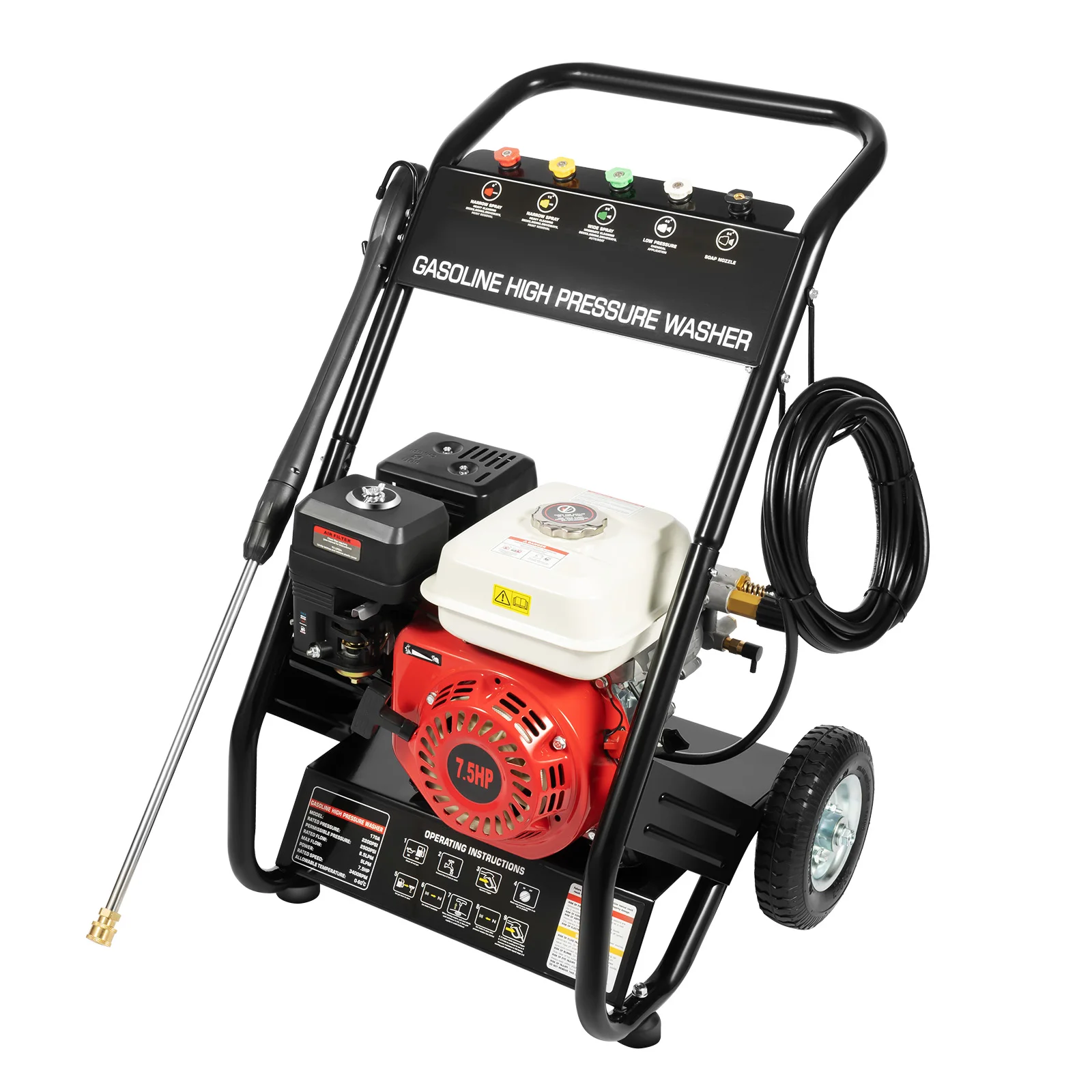 7,5 pk benzine hogedrukreiniger 2200 PSI 4-takt gas-aangedreven jetreiniger met spuitpistool en 5 spuitmonden voor het reinigen van autodektuin
