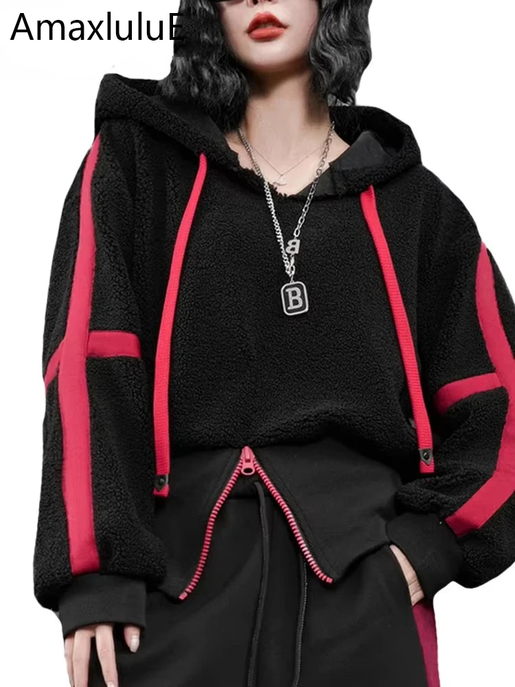 AmaxluluE koreańska moda zimowa luźne bluzy damskie Vintage bluzy w paski damskie klasyczne rozrywka Punk futrzane ubrania z kapturem