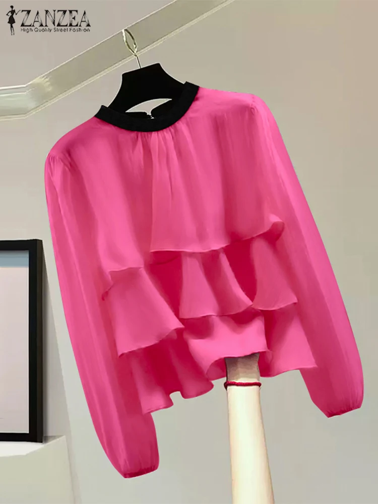 Fashion Chiffon Chemises ZANZEA Women Solid Blouse 2024 Autumn Long Puff Sleeve Tunics Vintage Multi-Ruffled Stitching Chic Tops