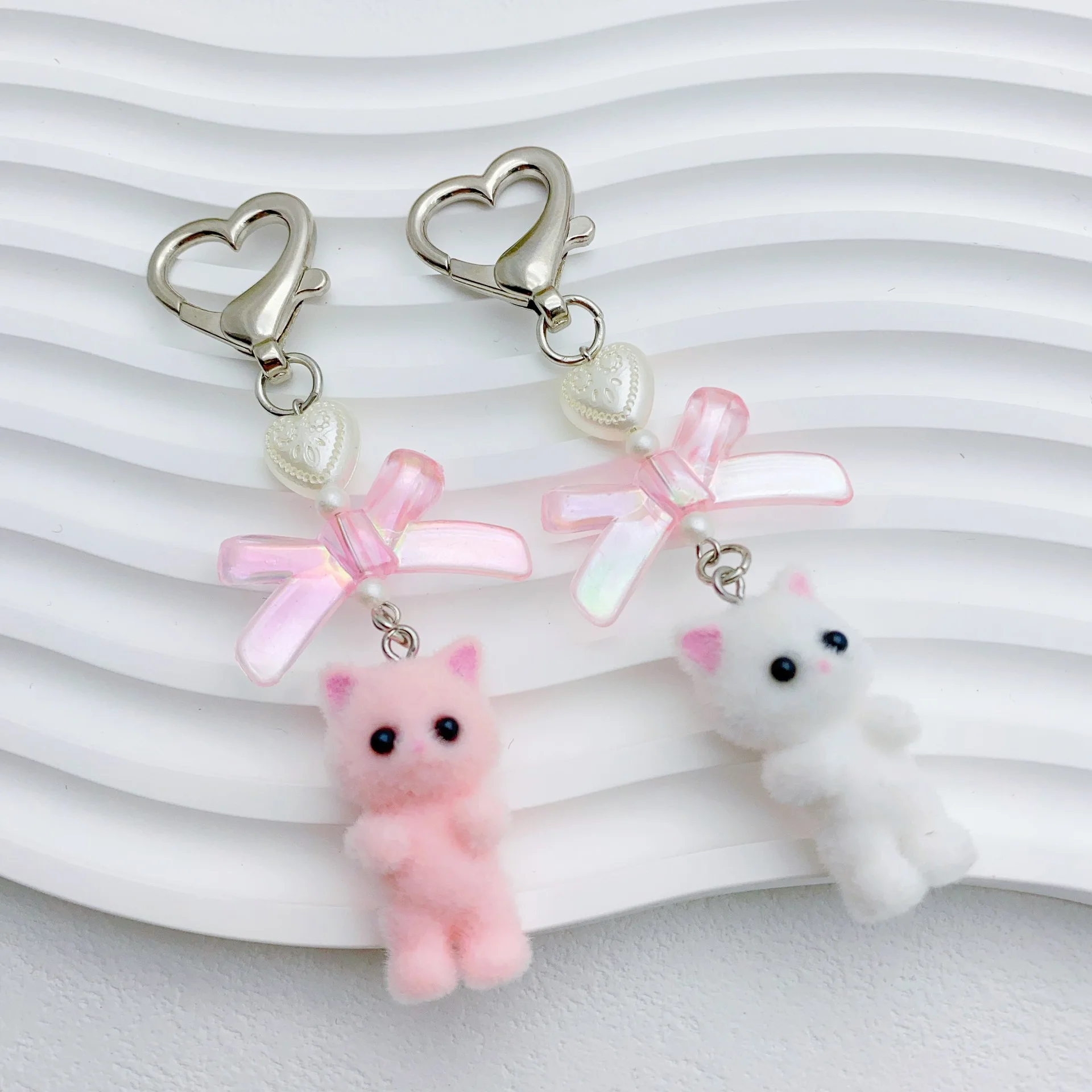 Flocking Bear Cat Pendant Keychain Heart Bow Shaped Key Chain Bowknot Keyring Jewelry Camera Bag Decors Handmade Gift image 2