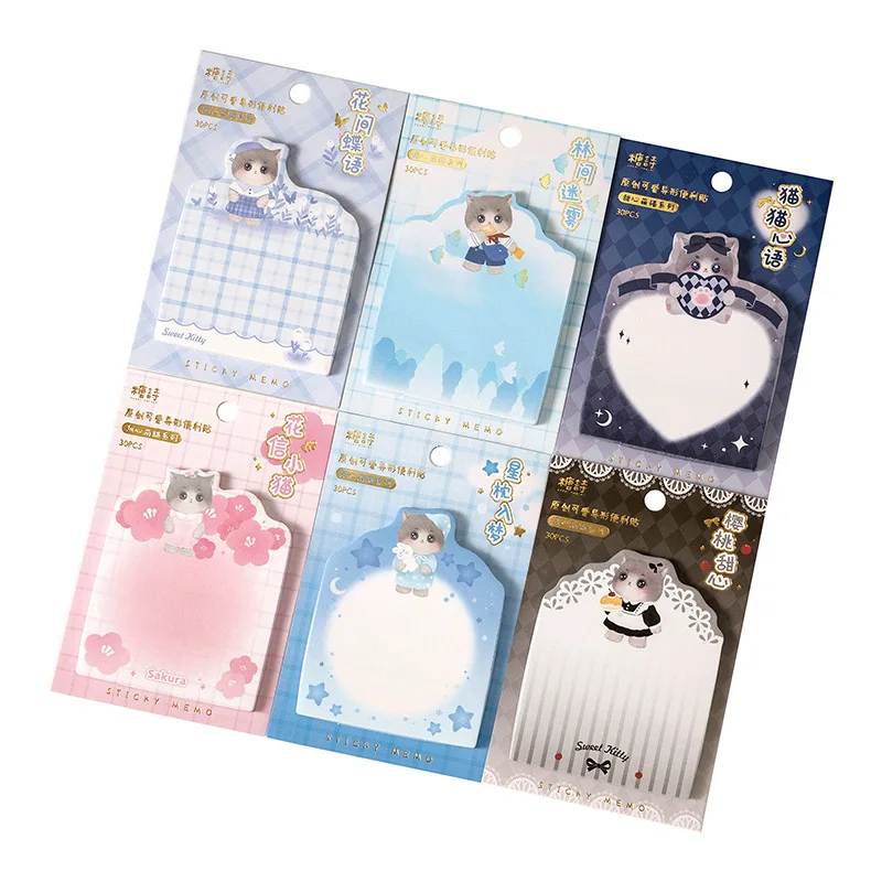 30pcs Sweetheart Cute Cat Series Sticky Notes, Cute Cartoon Cat Message Note Sticky Notes
