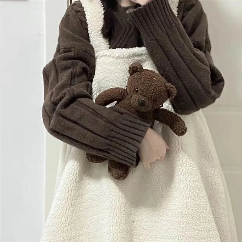 Kimutomo Autumn Winter Sleeveless Dresses Women Ins Fashion Faxus Lamb Wool Cute Tail Plush Japanese Style Kawaii Dress Ladies