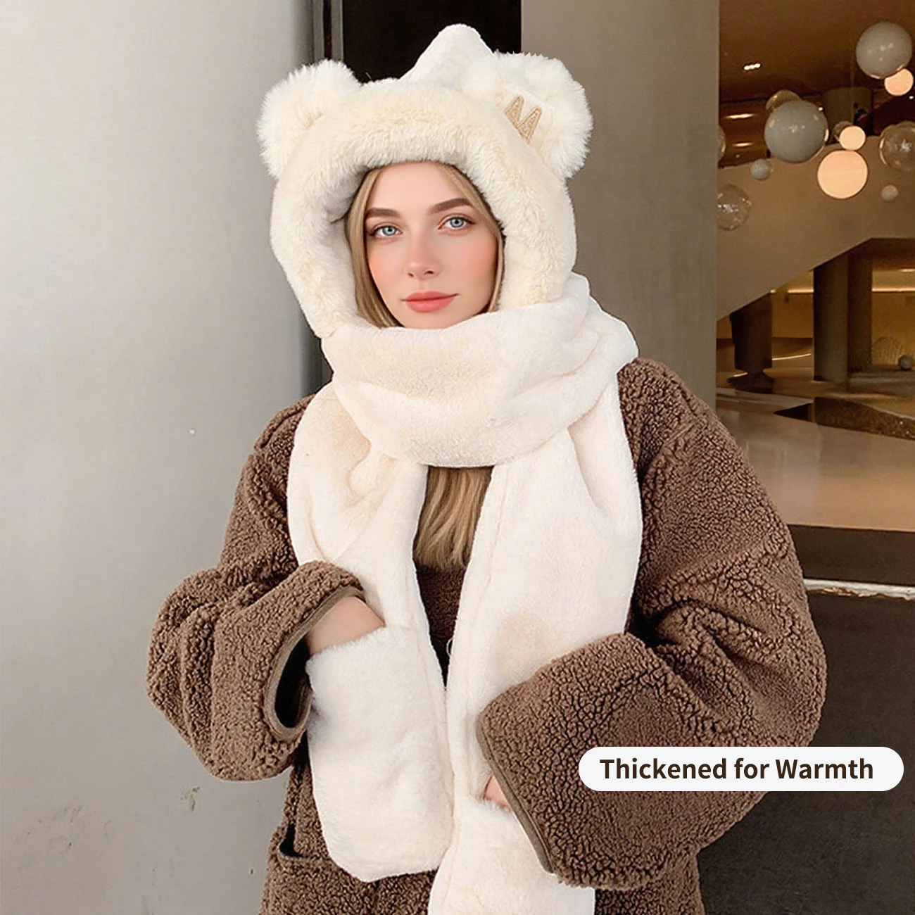 3-in-1 قبعة وشاح قفازات مجموعة النساء الشتاء أفخم الصوف الدب مقنعين وشاح فروي الرقبة أدفأ ملحق للتزلج على الجليد
