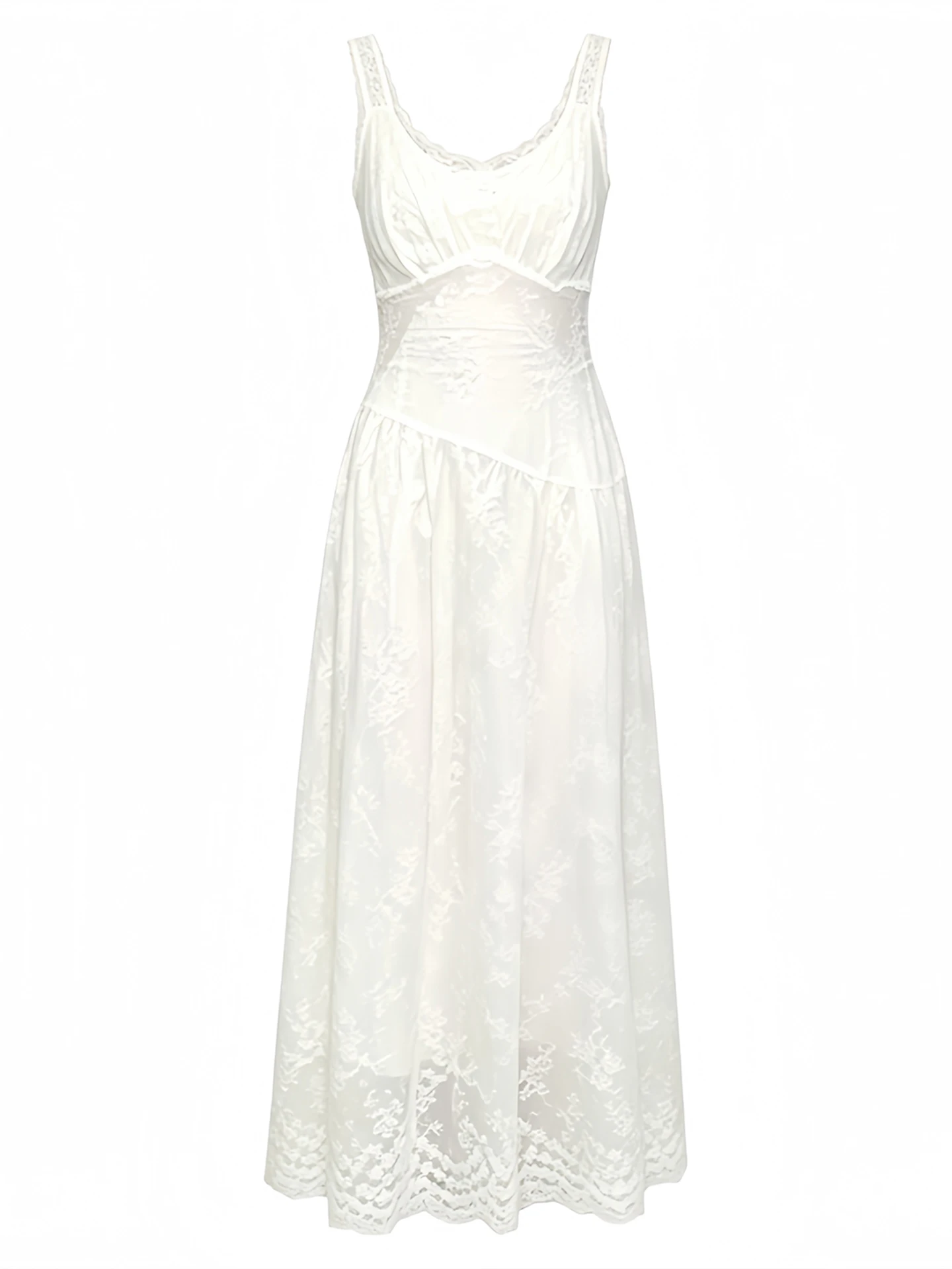 White Lace Splice Strap Vest Dress Elegant Summer Gentle Style Unique Beautiful Waist Cinched A-Line Long Dress