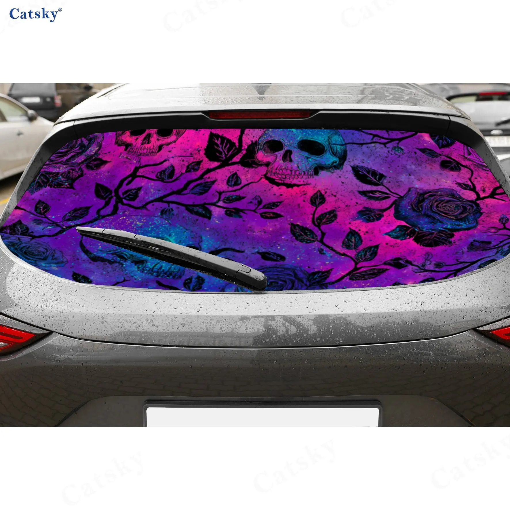 Purple Fantasy Skull & Rose PVC Perforated Car Vinyl Wrap, Durable Car Rear Windshield Sticker, Waterproof Car Rear Window Decal
