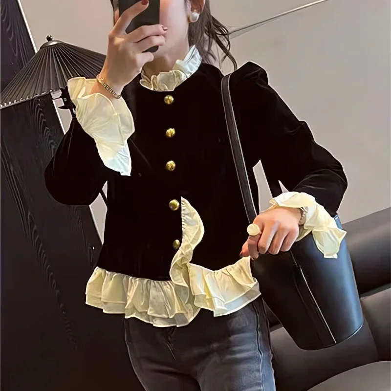 Blusas Mujer Vintage Button Black Velvet Shirt Ruffled Flare Full Sleeve Asymmetric Tops Cardigan Jacket Women Blouse V1570