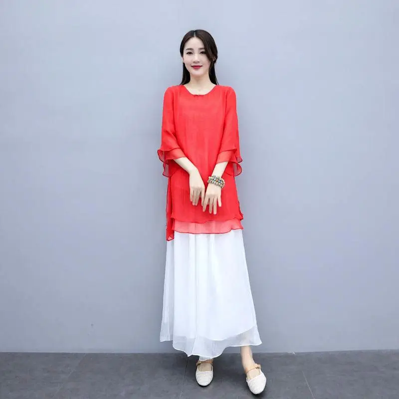 Nieuwe mode casual Chinese stijl zomer dames chiffon top los en dun