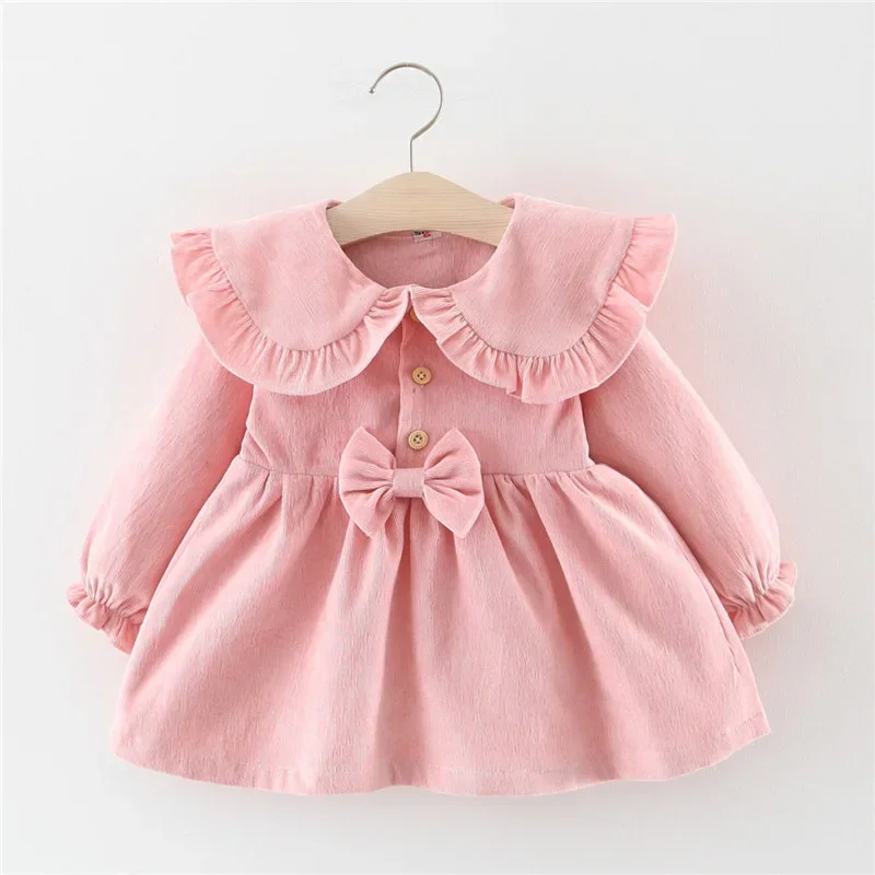 Baby Girl Clothes Children Casual Dress Toddler Solid Bow Long Sleeve Princess Dresses Outfit Infant Spring Plus Velvet Dress