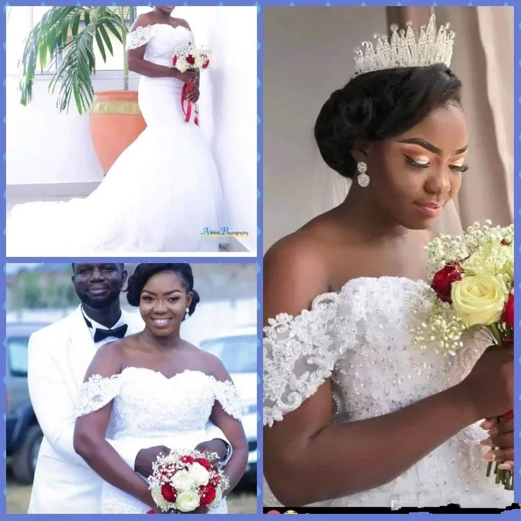 ชุดแต่งงานแบบแอฟริกันหวานซึ้งประดับด้วยลูกปัดแบบสั่งทำพิเศษ พร้อมชายกระโปรงยาวแบบกวาดพื้น ชุดเจ้าสาวแบบเปิดไหล่