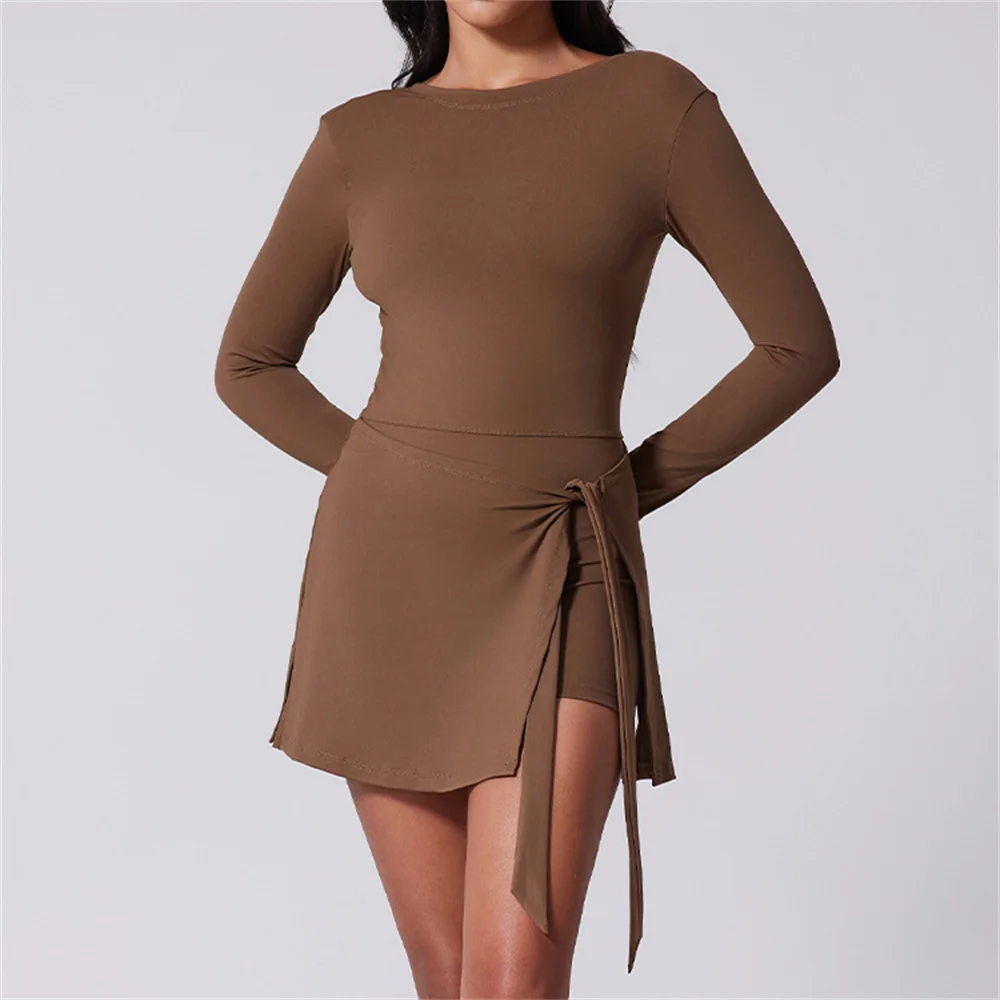 Womens High Neck Tennis Dress Long Sleeve Sarong Wrap Skirt Built in Shorts Golf Athletic Dress Workout Rompers XP152 image 6