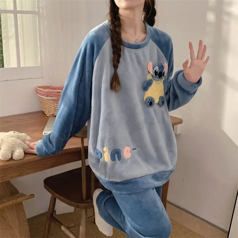 Kawaii Stitch Anime Cartoon Winter Coral Fleece Thicken Pajamas Round Neck Keep Warm Plush Soft Two Piece Set 2024 New Style Hot