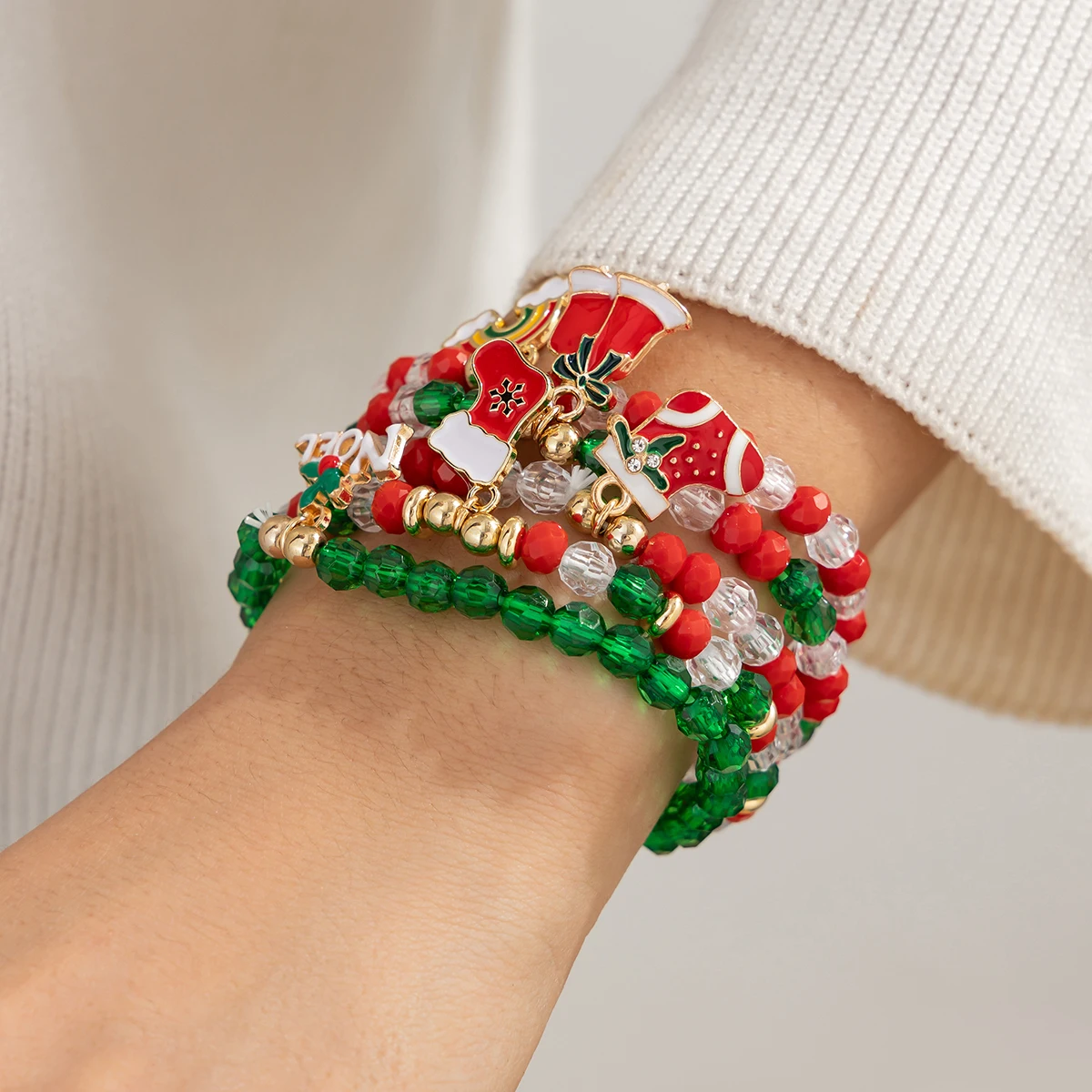 KunJoe 5pcs/set Cute Christmas Bell Snowflake Pendant Bracelet Women Colored Crystal Beads Adjustable Elastic Bracelet Jewelry