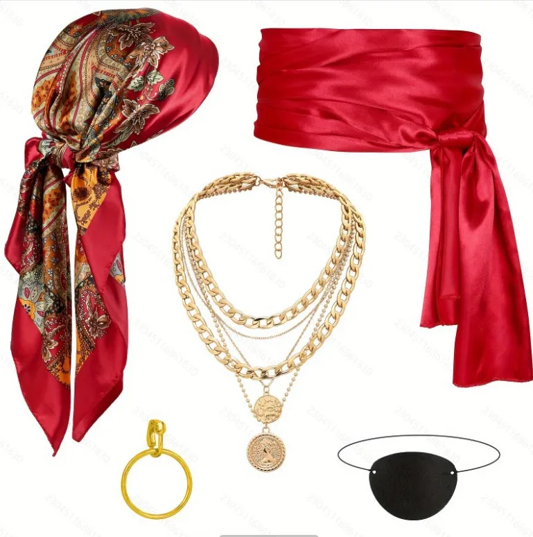 

Pirate Dress up Set Headscarf Belt Eye Mask Hip Hop Pendant Necklace Women's Clavicle Chain halloween Cosplay Prop