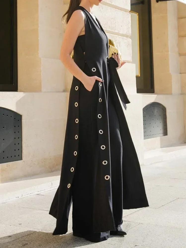 Krisstargirls 2025 Women Black Sleeveless Long Vest Trench Hollow Split-Joint Streamer INS Y2k Style Outerwear Top