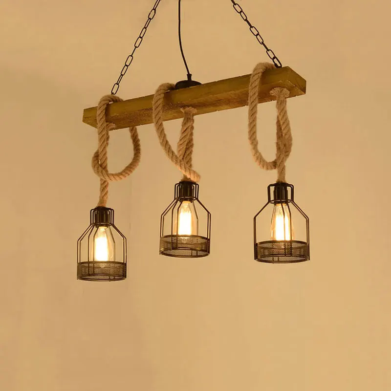 3‑Light Hemp Rope Pendant Light E27 Vintage Metal Chandelier Wooden Board Pendant Lamp for Dining Room Kitchen Island Bar Cafe