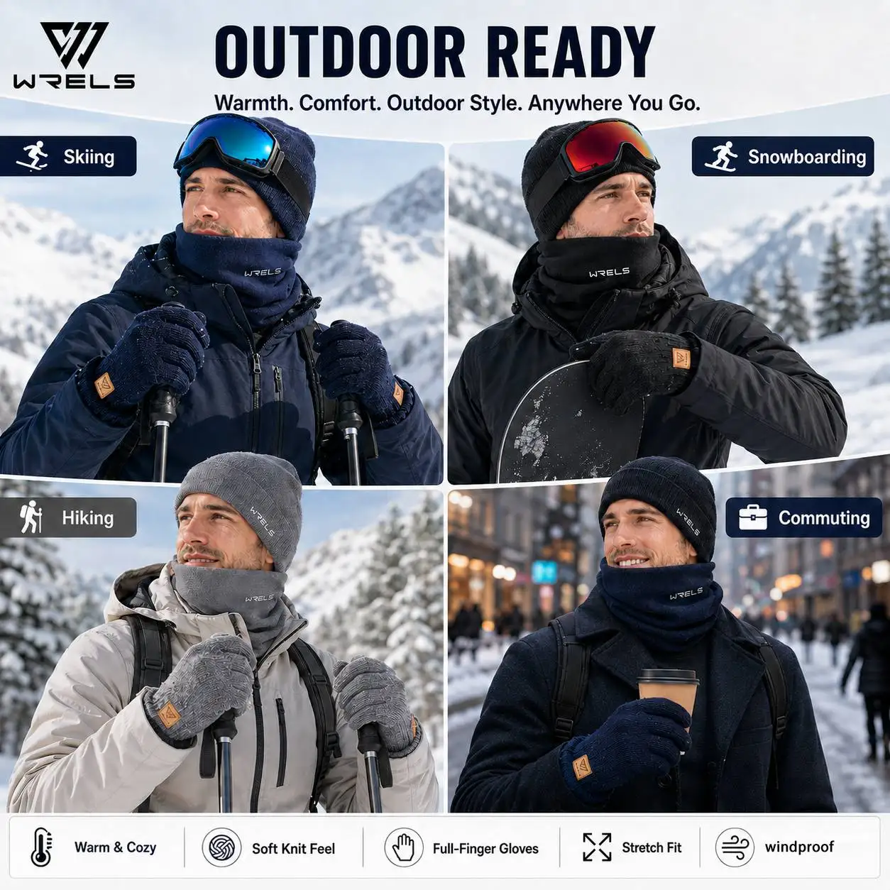 WRELS Winter Warm Gloves Neck Gaiter Set Knitted Gloves Windproof Soft Fleece Neck Warmer For Men Women Outdoor Skiing Cycling