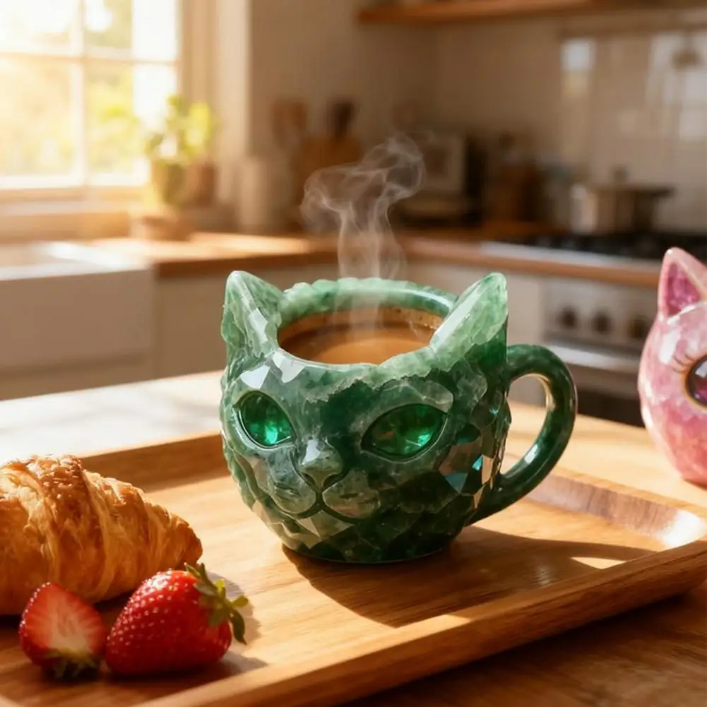 Handmade Faux Crystal Cat Face Mug Geode Kitten Cup Resin Mineral Coffee Tea Cups Unique Artistic Decor Gift for Family Friends