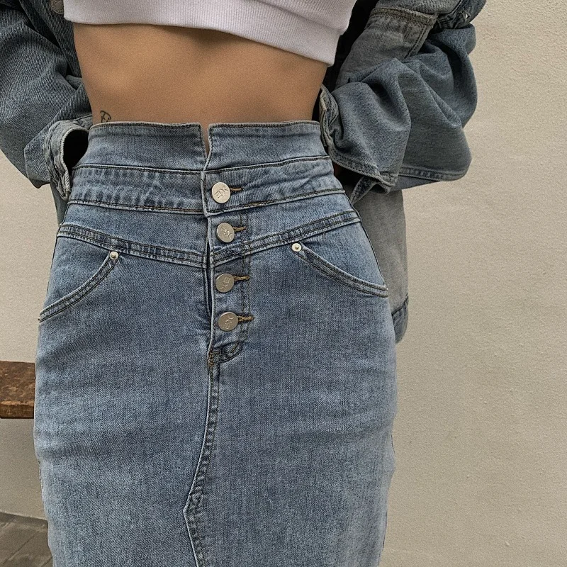 Y2k Skirts Women Sexy Stretch Split Blue Jeans Skirt Slim Demin Skirts Fall Summer Vintage Korean High Waisted Faldas Mujer Moda