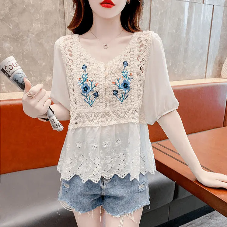 

Short Sleeved Blouse for Women Chic Summer French Embroidery Patchwork Hollow Out Knit Chiffon