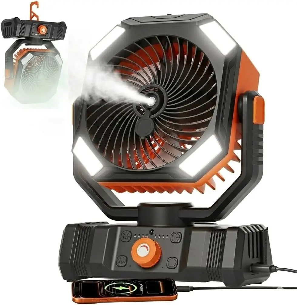 

Portable Rechargeable Misting Camping Fan with Light Remote Timer Hook for Outdoor Travel
